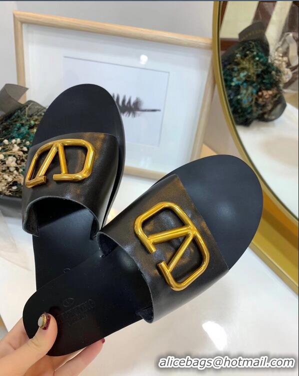 Good Quality Valentino Cowhide Slip-On Slide Sandals VT2705 Black With Go Logo Detail 2019