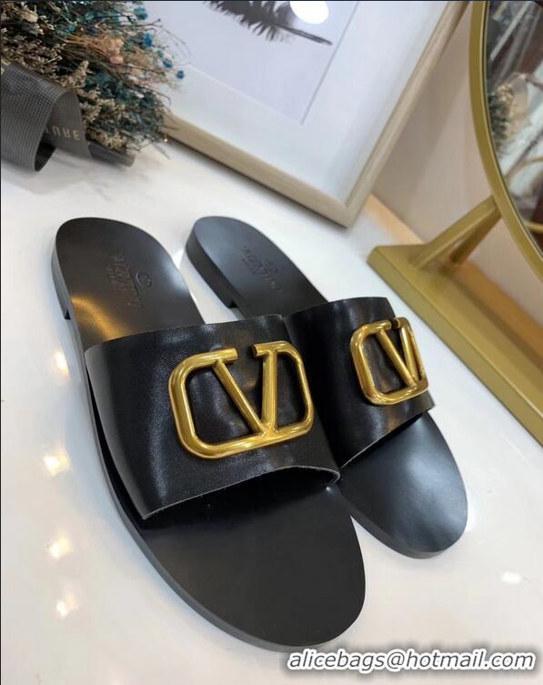 Good Quality Valentino Cowhide Slip-On Slide Sandals VT2705 Black With Go Logo Detail 2019