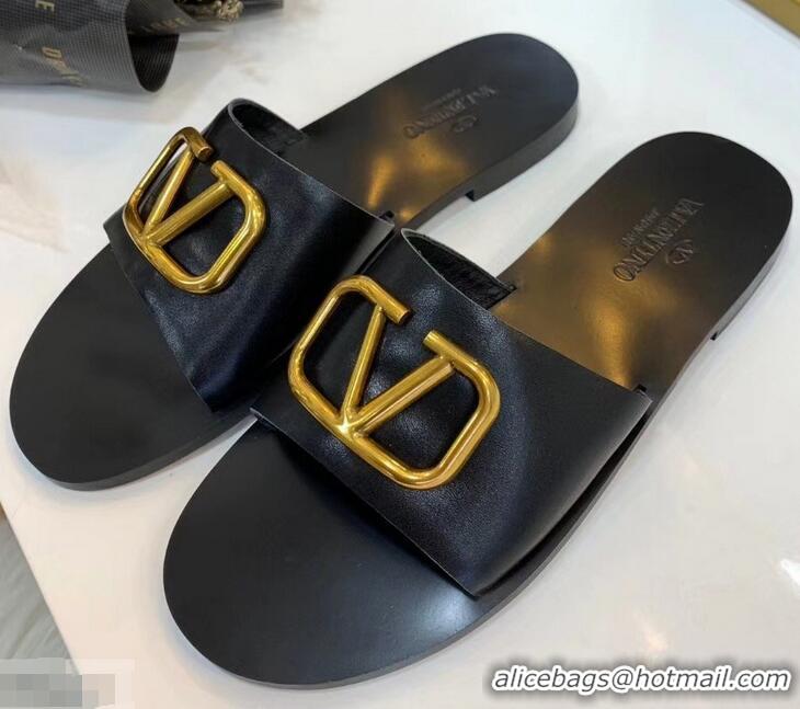 Good Quality Valentino Cowhide Slip-On Slide Sandals VT2705 Black With Go Logo Detail 2019