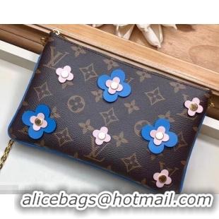 New Stylish Louis Vuitton Monogram Canvas Blooming Flowers Pochette Double Zip Bag M63905 Blue 2019 