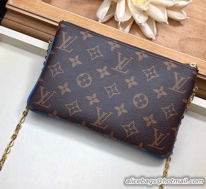 New Stylish Louis Vuitton Monogram Canvas Blooming Flowers Pochette Double Zip Bag M63905 Blue 2019 