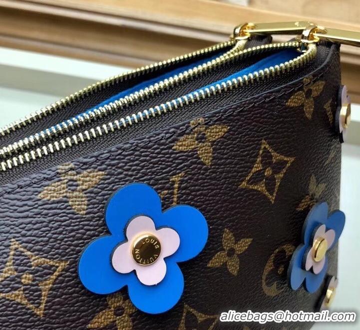 New Stylish Louis Vuitton Monogram Canvas Blooming Flowers Pochette Double Zip Bag M63905 Blue 2019 