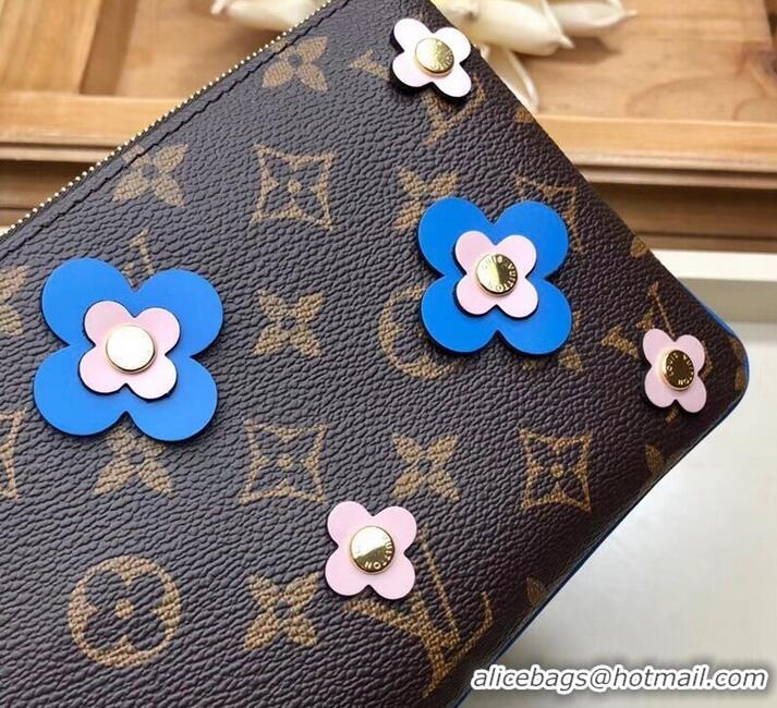 New Stylish Louis Vuitton Monogram Canvas Blooming Flowers Pochette Double Zip Bag M63905 Blue 2019 