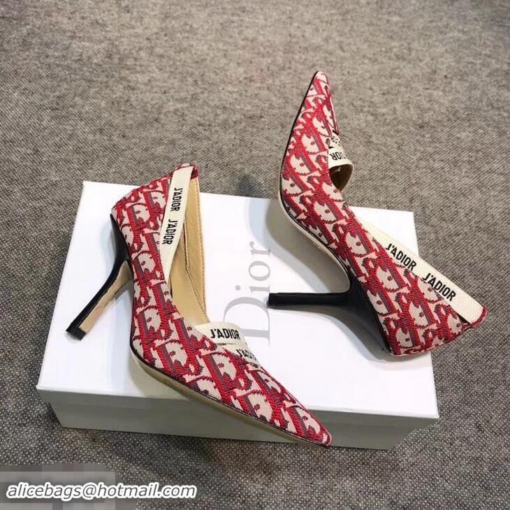 Grade Dior Heel 9.5cm J'Adior And Double Ribbon Pumps In Obliuqe Jacquard Canvas D2203 Red 2019