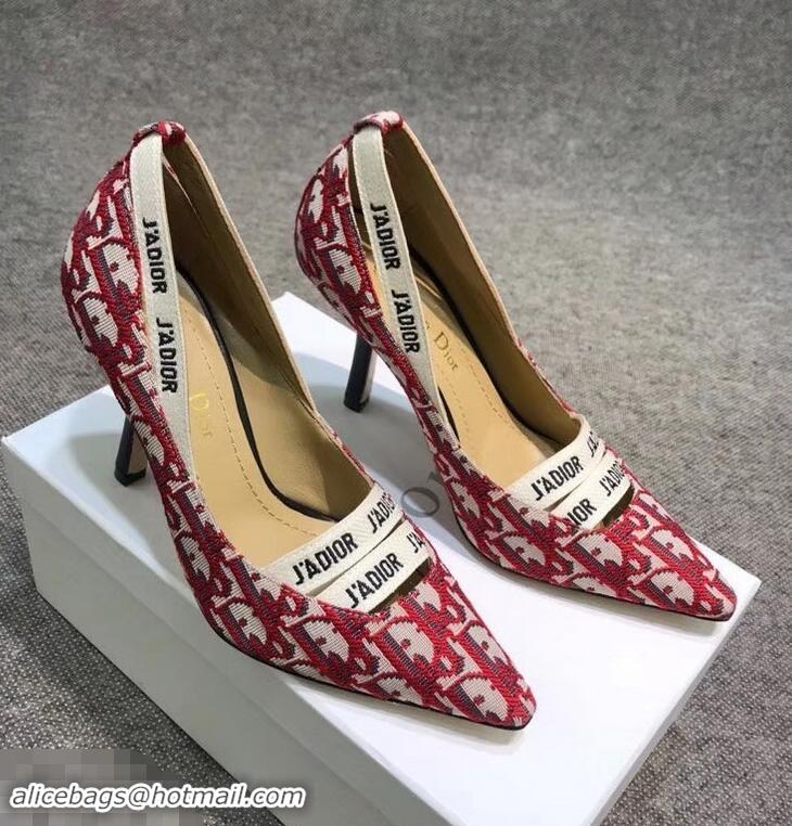 Grade Dior Heel 9.5cm J'Adior And Double Ribbon Pumps In Obliuqe Jacquard Canvas D2203 Red 2019