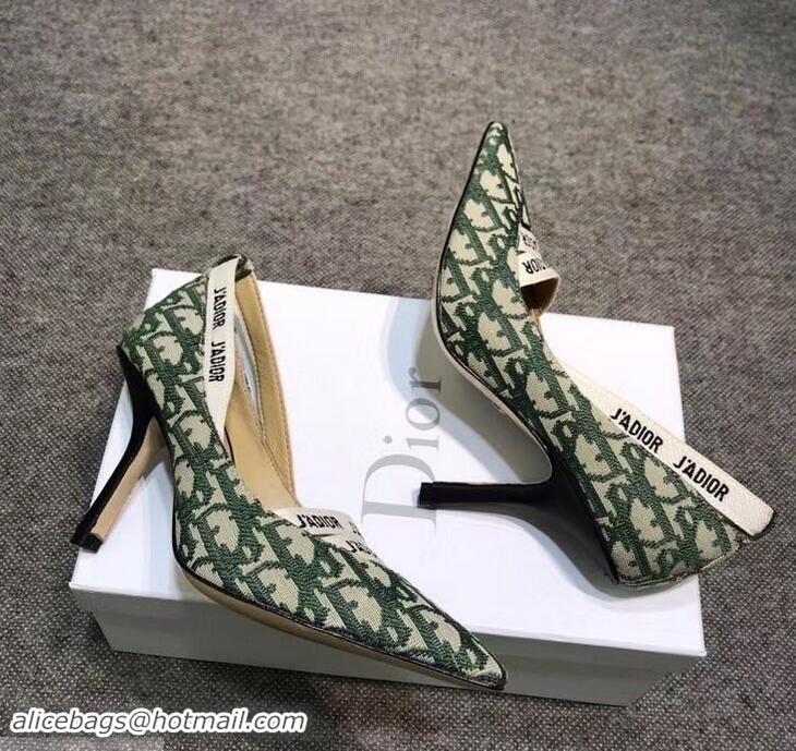 Low Price Dior Heel 9.5cm J'Adior And Double Ribbon Pumps In Obliuqe Jacquard Canvas D2205 Green 2019