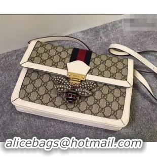 Top Grade Gucci Queen Margaret Metal Bee Web GG Supreme Medium Shoulder Bag 524356 white