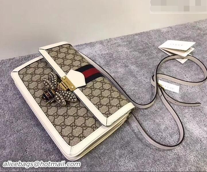 Top Grade Gucci Queen Margaret Metal Bee Web GG Supreme Medium Shoulder Bag 524356 white