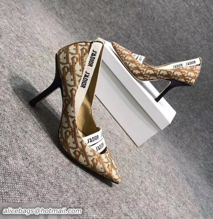 Low Cost Dior Heel 9.5cm J'Adior And Double Ribbon Pumps In Obliuqe Jacquard Canvas D2207 Brown 2019