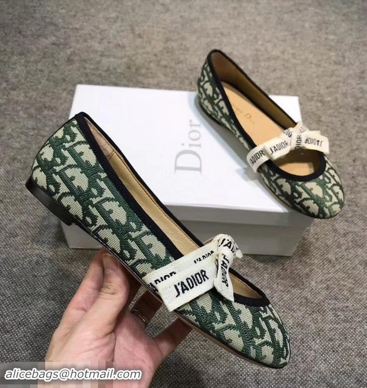 Unique Style Dior J'Adior And Bow Ribbon Ballet Pumps In Obliuqe Jacquard Canvas D2301 Green 2019