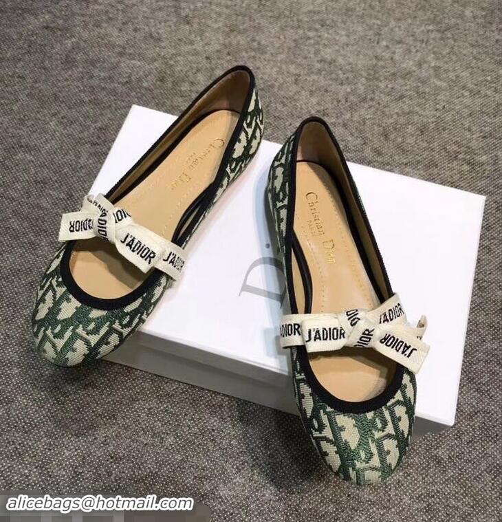 Unique Style Dior J'Adior And Bow Ribbon Ballet Pumps In Obliuqe Jacquard Canvas D2301 Green 2019