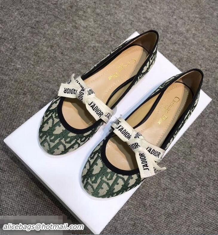 Unique Style Dior J'Adior And Bow Ribbon Ballet Pumps In Obliuqe Jacquard Canvas D2301 Green 2019