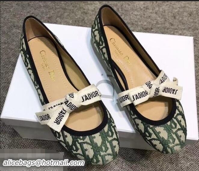 Unique Style Dior J'Adior And Bow Ribbon Ballet Pumps In Obliuqe Jacquard Canvas D2301 Green 2019