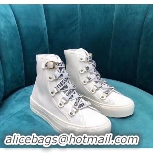 Best Grade Dior WALK'N'DIOR High-top Sneakers with J'Adior Laces Canvas CD1903 White 2019