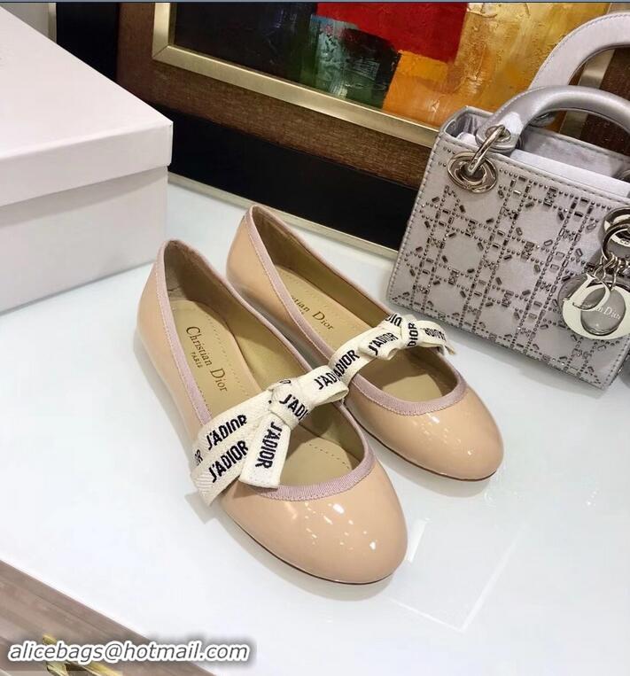 Imitation Miss Dior J'Adior And Bow Ribbon Ballet Pumps Patent CD2002 Apricot 2019