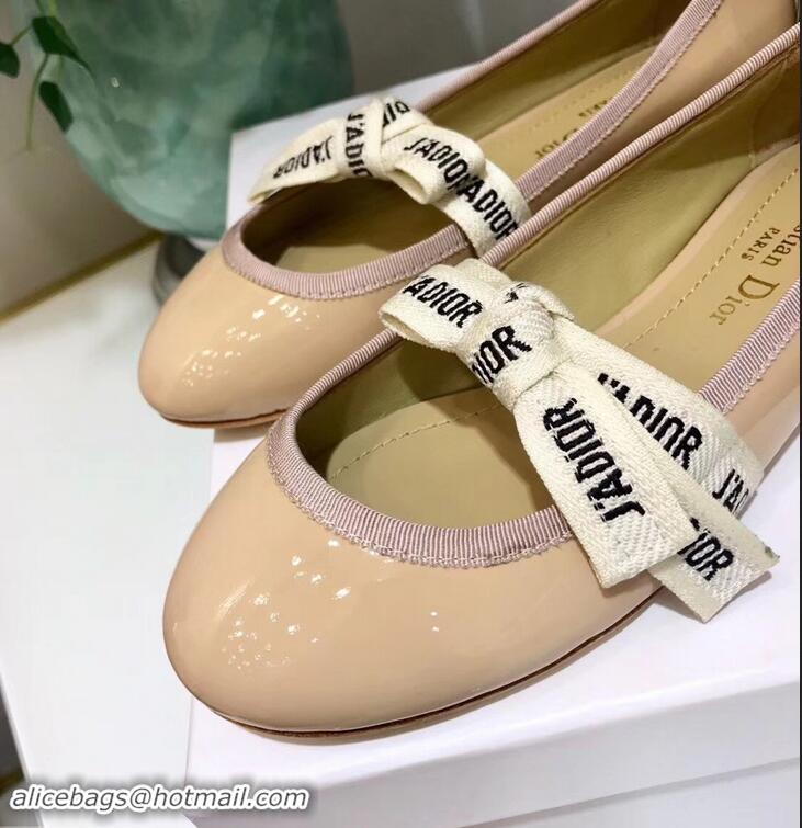 Imitation Miss Dior J'Adior And Bow Ribbon Ballet Pumps Patent CD2002 Apricot 2019