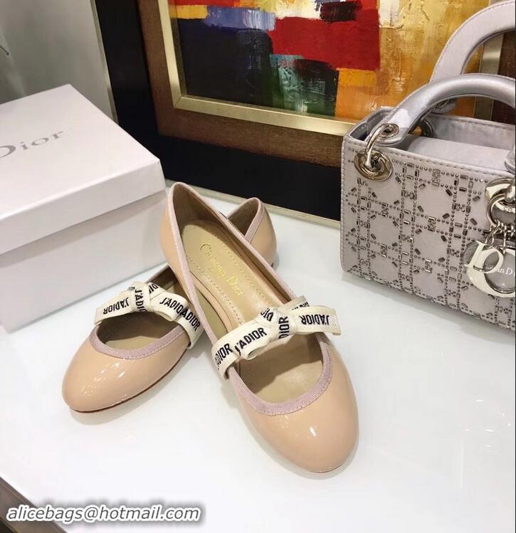 Imitation Miss Dior J'Adior And Bow Ribbon Ballet Pumps Patent CD2002 Apricot 2019