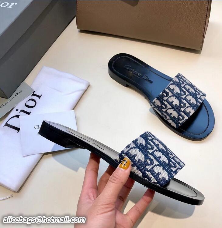 Ladies Dior Obliuqe Jacquard Canvas Dway Mules Slipper Sandals CD1806 Navy Blue 2019