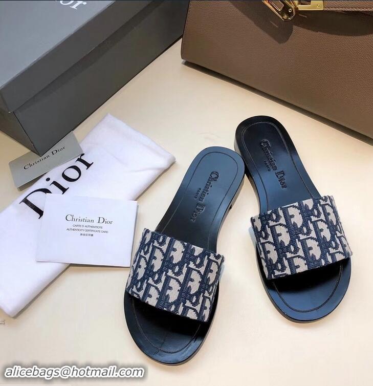 Ladies Dior Obliuqe Jacquard Canvas Dway Mules Slipper Sandals CD1806 Navy Blue 2019