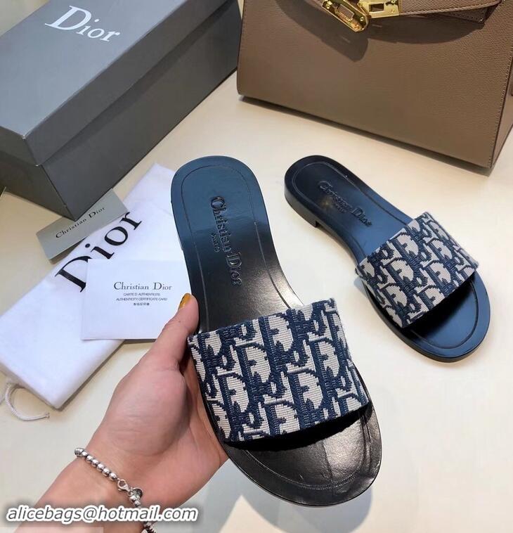 Ladies Dior Obliuqe Jacquard Canvas Dway Mules Slipper Sandals CD1806 Navy Blue 2019