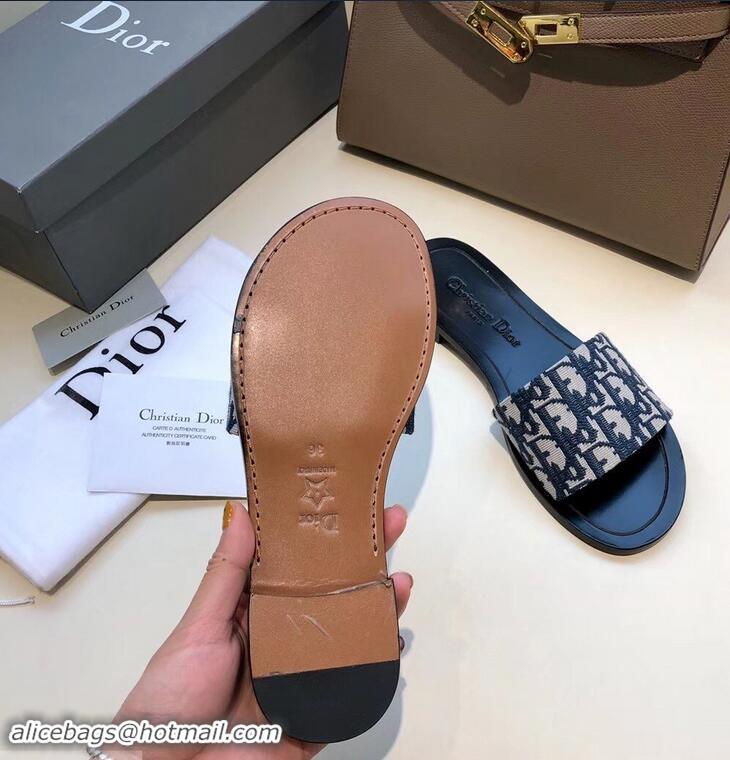 Ladies Dior Obliuqe Jacquard Canvas Dway Mules Slipper Sandals CD1806 Navy Blue 2019