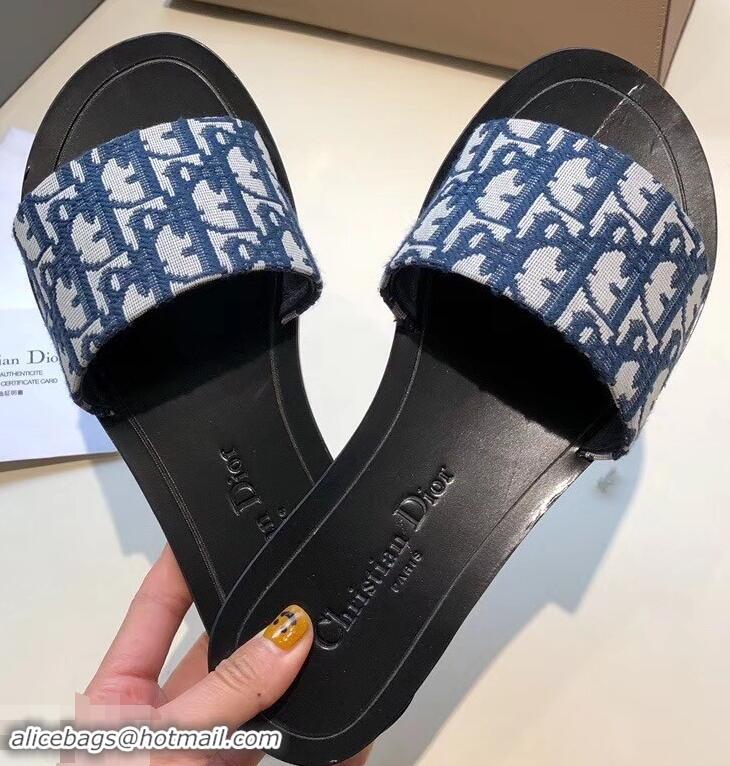 Ladies Dior Obliuqe Jacquard Canvas Dway Mules Slipper Sandals CD1806 Navy Blue 2019