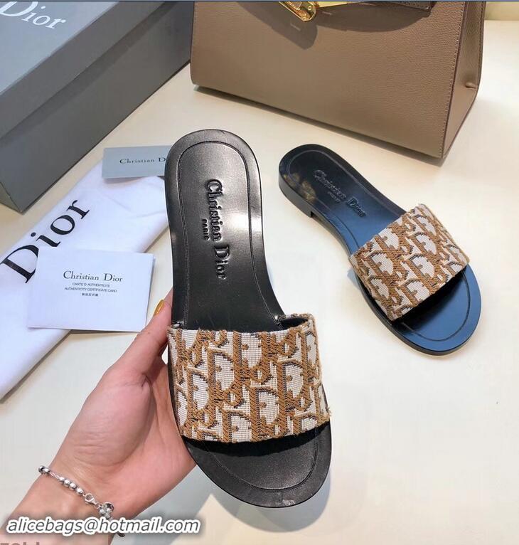 Spot Bulk Dior Obliuqe Jacquard Canvas Dway Mules Slipper Sandals CD1806 Brown 2019