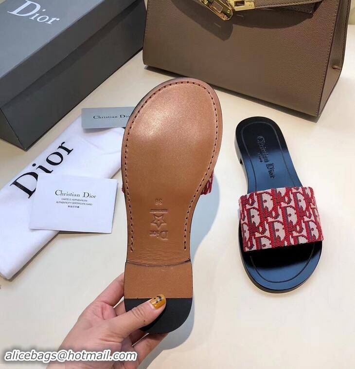 Top Quality Dior Obliuqe Jacquard Canvas Dway Mules Slipper Sandals CD1806 Red 2019