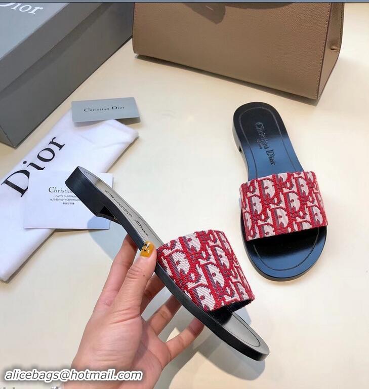 Top Quality Dior Obliuqe Jacquard Canvas Dway Mules Slipper Sandals CD1806 Red 2019