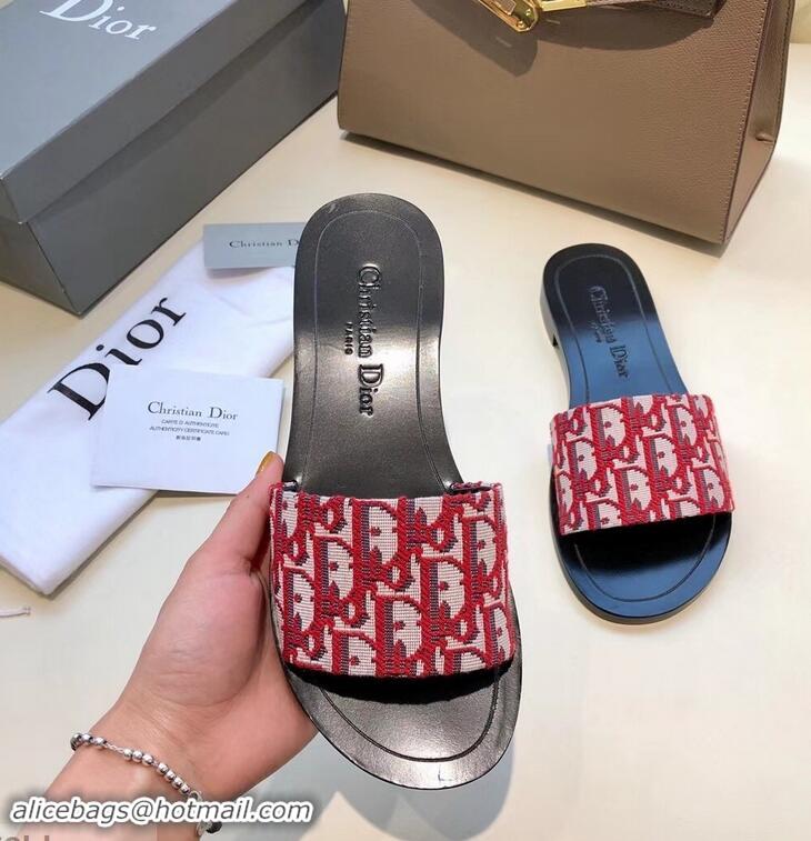 Top Quality Dior Obliuqe Jacquard Canvas Dway Mules Slipper Sandals CD1806 Red 2019