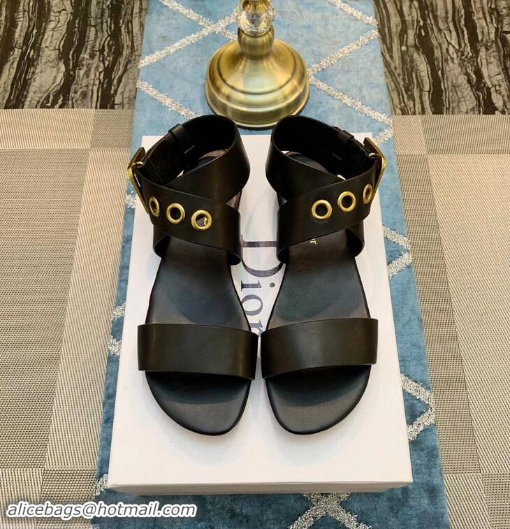 Best Price Dior D-Dior Calfskin Leather Flat Sandals CD0804 Black 2019