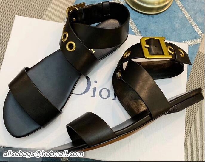 Best Price Dior D-Dior Calfskin Leather Flat Sandals CD0804 Black 2019