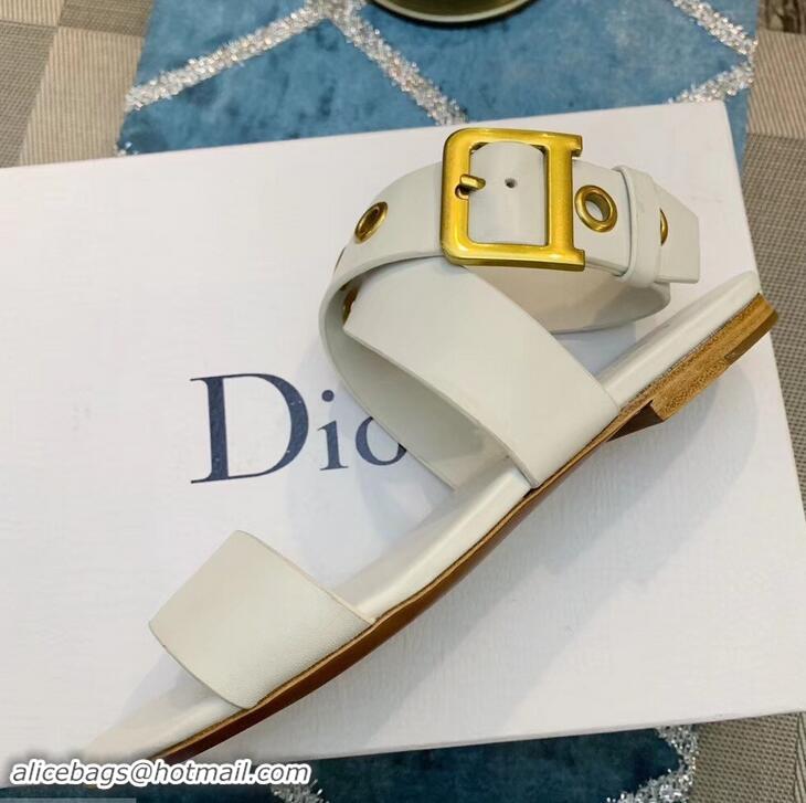 Elegant Dior D-Dior Calfskin Leather Flat Sandals CD0804 White 2019