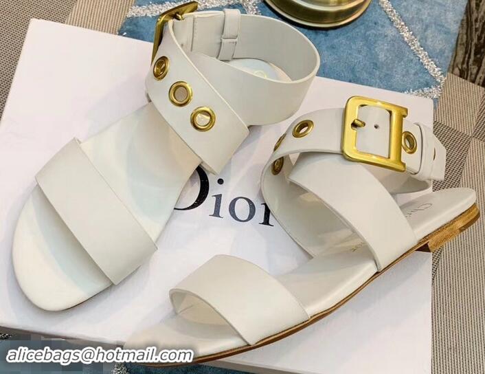 Elegant Dior D-Dior Calfskin Leather Flat Sandals CD0804 White 2019