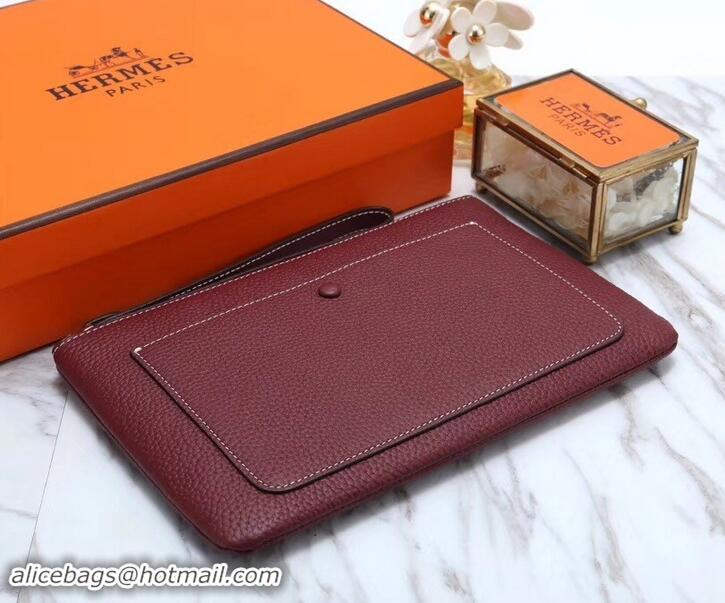 Best Price Hermes Calf Leather Zip Clutch H442111 Burgundy