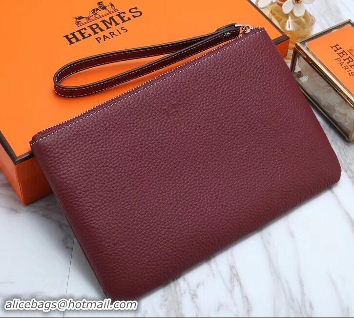 Best Price Hermes Calf Leather Zip Clutch H442111 Burgundy