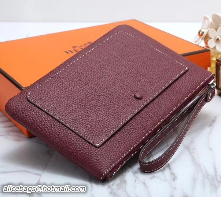 Best Price Hermes Calf Leather Zip Clutch H442111 Burgundy