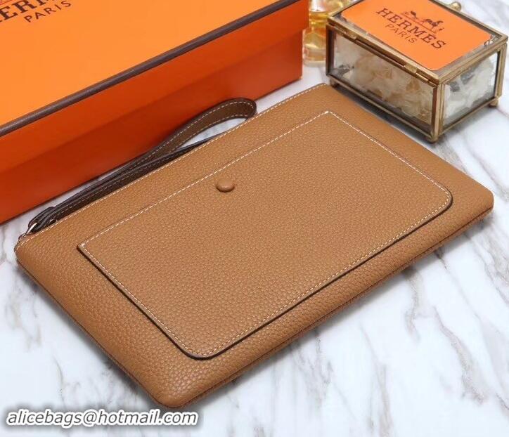 Trendy Design Hermes Calf Leather Zip Clutch H442111 Brown