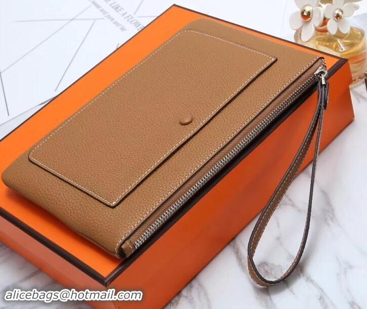 Trendy Design Hermes Calf Leather Zip Clutch H442111 Brown