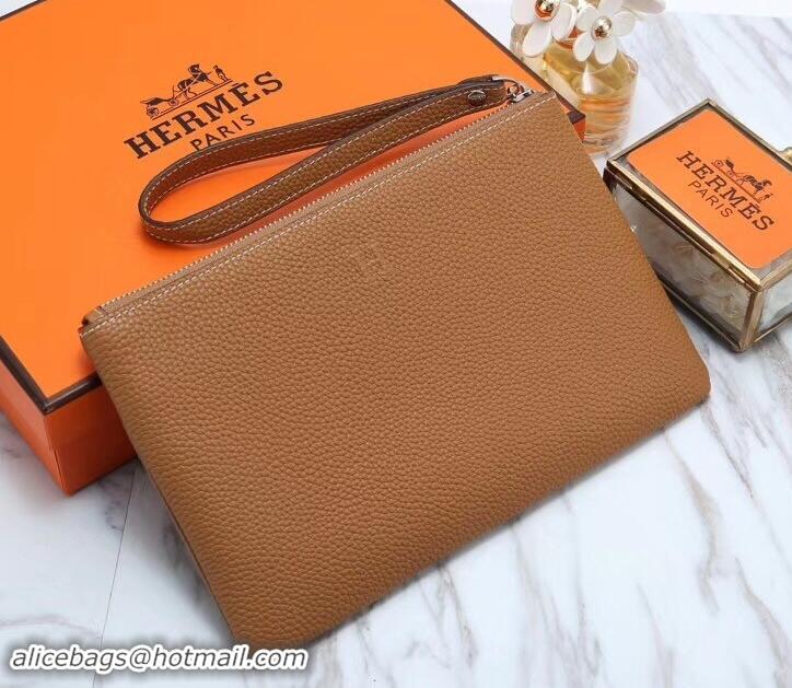 Trendy Design Hermes Calf Leather Zip Clutch H442111 Brown