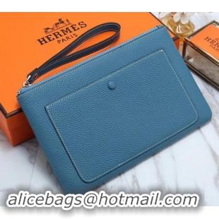 Cheap Price Hermes Calf Leather Zip Clutch H442111 Blue