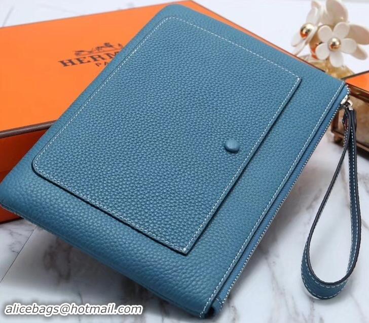 Cheap Price Hermes Calf Leather Zip Clutch H442111 Blue