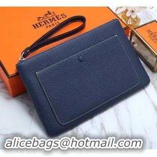 Best Grade Hermes Calf Leather Zip Clutch H442111 Navy Blue