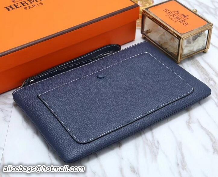 Best Grade Hermes Calf Leather Zip Clutch H442111 Navy Blue