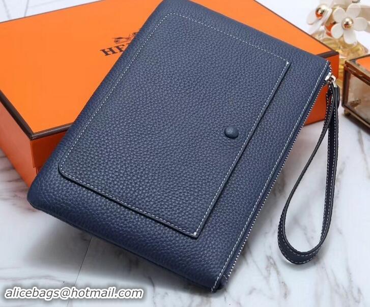 Best Grade Hermes Calf Leather Zip Clutch H442111 Navy Blue