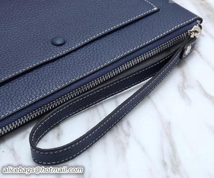 Best Grade Hermes Calf Leather Zip Clutch H442111 Navy Blue