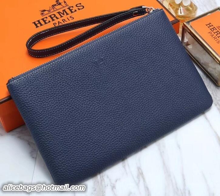 Best Grade Hermes Calf Leather Zip Clutch H442111 Navy Blue