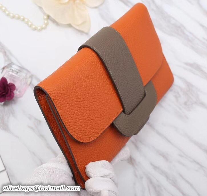 Discount Hermes Grained Calf Leather Flap Clutch H442112 Orange/Grey