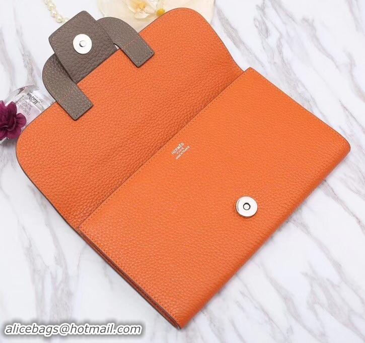 Discount Hermes Grained Calf Leather Flap Clutch H442112 Orange/Grey