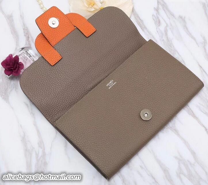 Shop Duplicate Hermes Grained Calf Leather Flap Clutch H442112 Grey/Orange